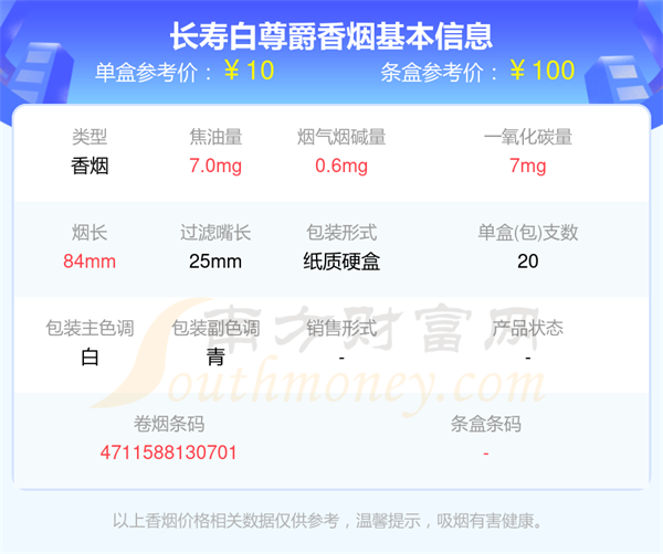 2025年长寿白尊爵香烟价格查询基本信息一览