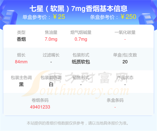 焦油量10mg以下的Seven，Stars(七星)香烟2025查询一览